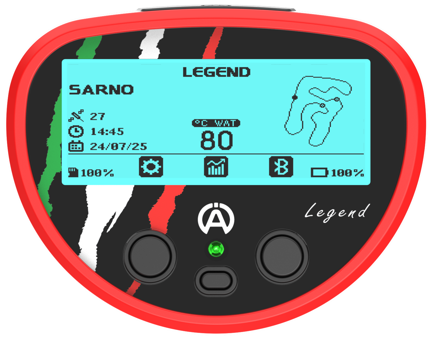 Alfano Legend gauge front view with red bezel showing active LCD screen with lap time, RPM, water temperature, track map, battery level and Bluetooth icons on a white background