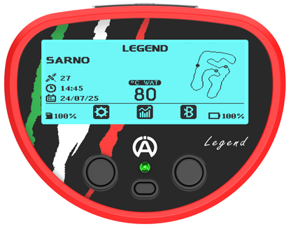 Alfano Legend gauge front view with red bezel showing active LCD screen with lap time, RPM, water temperature, track map, battery level and Bluetooth icons on a white background