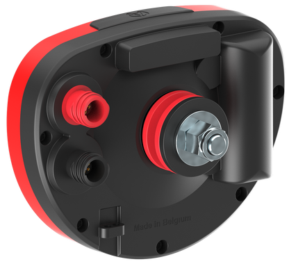 Alfano Legend gauge rear view highlighting red and black housing, two connection ports, central mounting bolt and Made in Belgium engraving on a white background