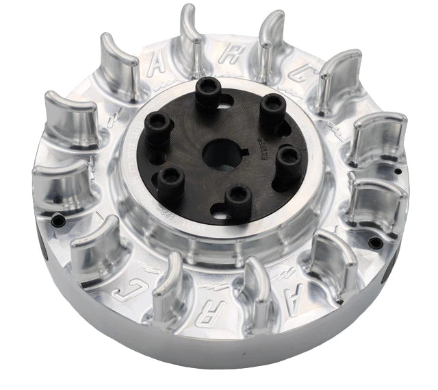 Overhead view of silver billet aluminum ARC adjustable flywheel showing timing hub, rare-earth magnet ring, and machined fins on a white background