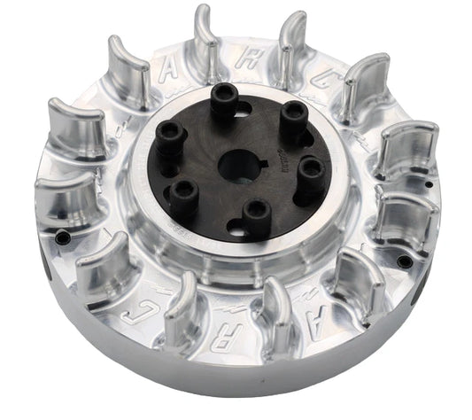 Overhead view of silver billet aluminum ARC adjustable flywheel showing timing hub, rare-earth magnet ring, and machined fins on a white background