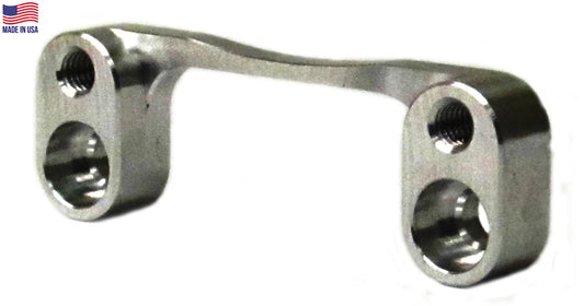 Single angled product photo of raw silver billet aluminum coil relocation bracket for ARC 6607-PH flywheel showing both mounting ends with threaded holes and made in USA flag in corner on a white background