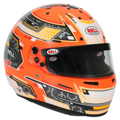Orange and black kart helmet with visible branding on a white background