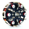 Close-up product photo of the fully assembled Bully 2-disc 6-spring ball lever clutch showing the blue aluminum drum, six red springs, ball levers with weights, and central hub on a white background