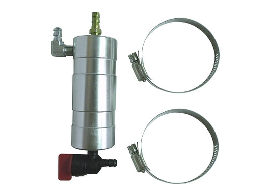 Silver aluminum catch tank with mounting clamps for racing kart