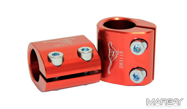 Red torsion bar clamp gripping kart frame tubing