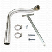 Main product photo showing the complete Clone Top End Pipe with 1/2 inch thick flange, support brace, two exhaust clamps, and all mounting hardware laid out on a white background.