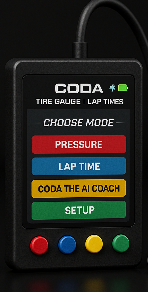 Coda Tire Gauge and Lap Timer with AI showing a bright color display, large control buttons and a connected sensor core for precision tire pressure measurement.