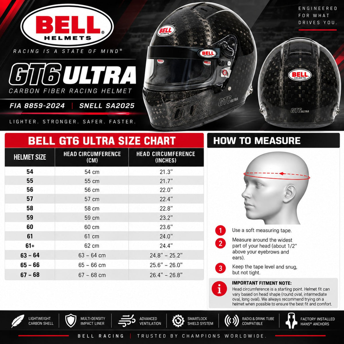 Bell GT6 ULTRA Carbon Fiber Helmet FIA 8859-2024/Snell SA2025