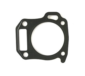 Black thin-metal Ducar clone head gasket with circular bore, four bolt holes, and offset rectangular passage on a white background