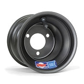 Black DWT 5 inch wheel photographed at an angle showing the rim depth, large center bore, three mounting holes, and branded sticker on a white background