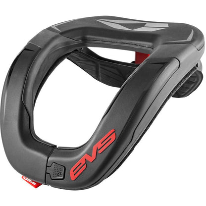 Three-quarter view of the black EVS R-4 youth neck support showing the U-shaped polymer shell, inner foam lining, large red EVS logo and top gray branding on a white background