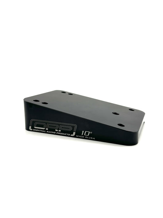 Black billet aluminum 10 degree upper engine mount shown at three-quarter angle displaying sloped top surface with bolt holes, Odenthal logo, 10 degree marking and Made in USA text on a white background