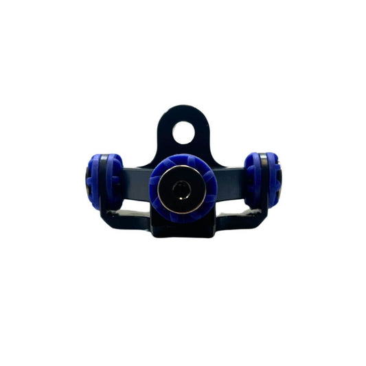 Front view of black anodized aluminum EZGP anti-vibration isolator with blue medium rubber grommets installed on white background