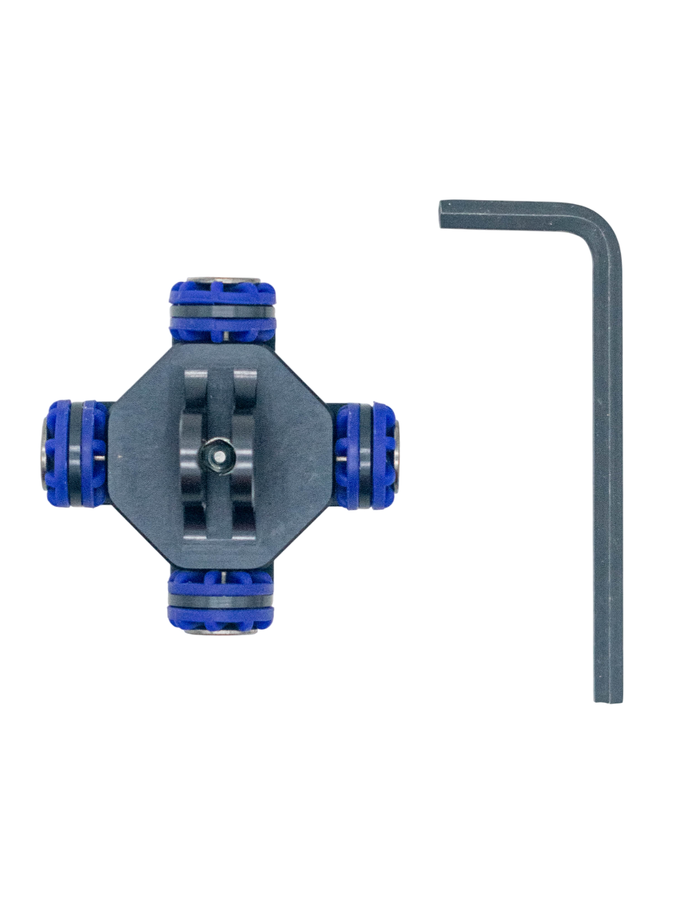 Top-down view of EZGP anti-vibration isolator showing four blue rubber dampening grommets, hexagonal mounting plate, and included hex wrench on white background