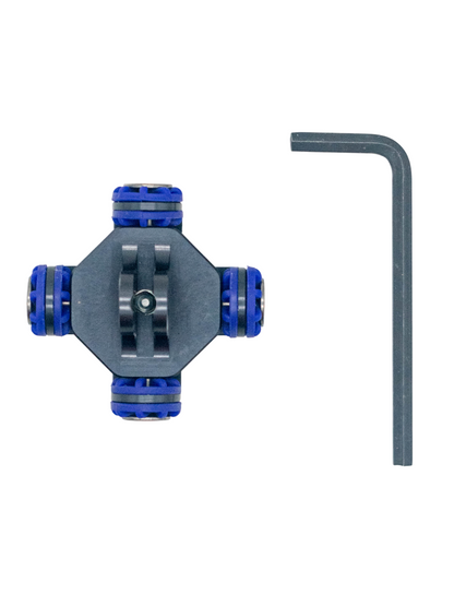 Top-down view of EZGP anti-vibration isolator showing four blue rubber dampening grommets, hexagonal mounting plate, and included hex wrench on white background