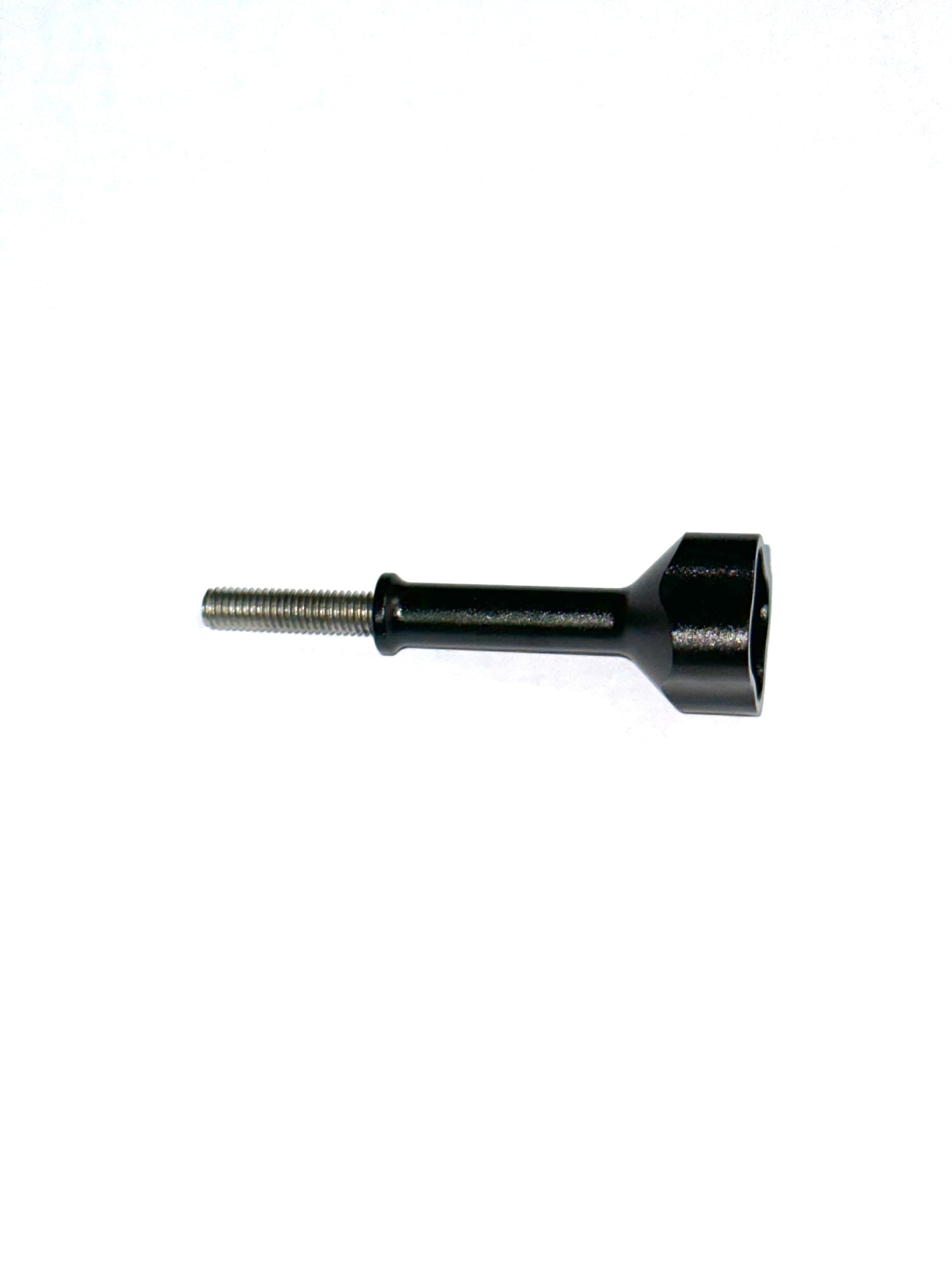 Black anodized EZGP billet screw for Tuff-Kase with exposed silver thread and machined body on a white background