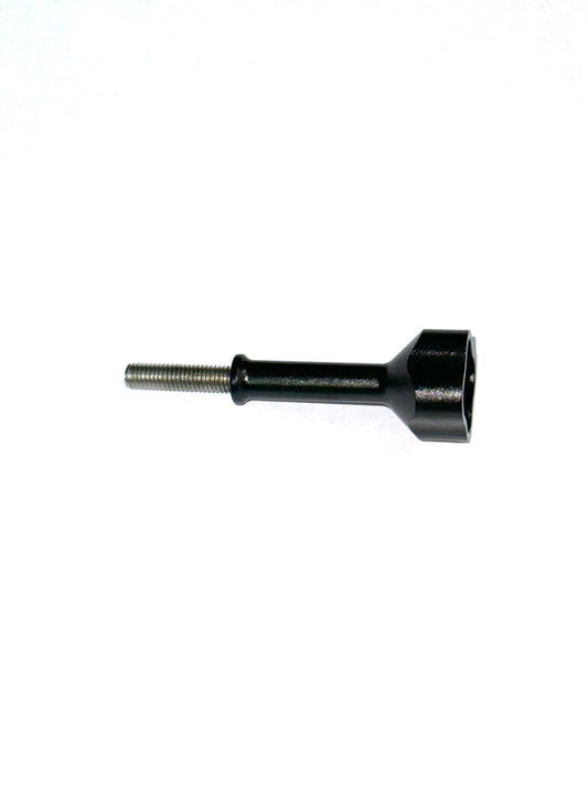 Black anodized EZGP billet screw for Tuff-Kase with exposed silver thread and machined body on a white background