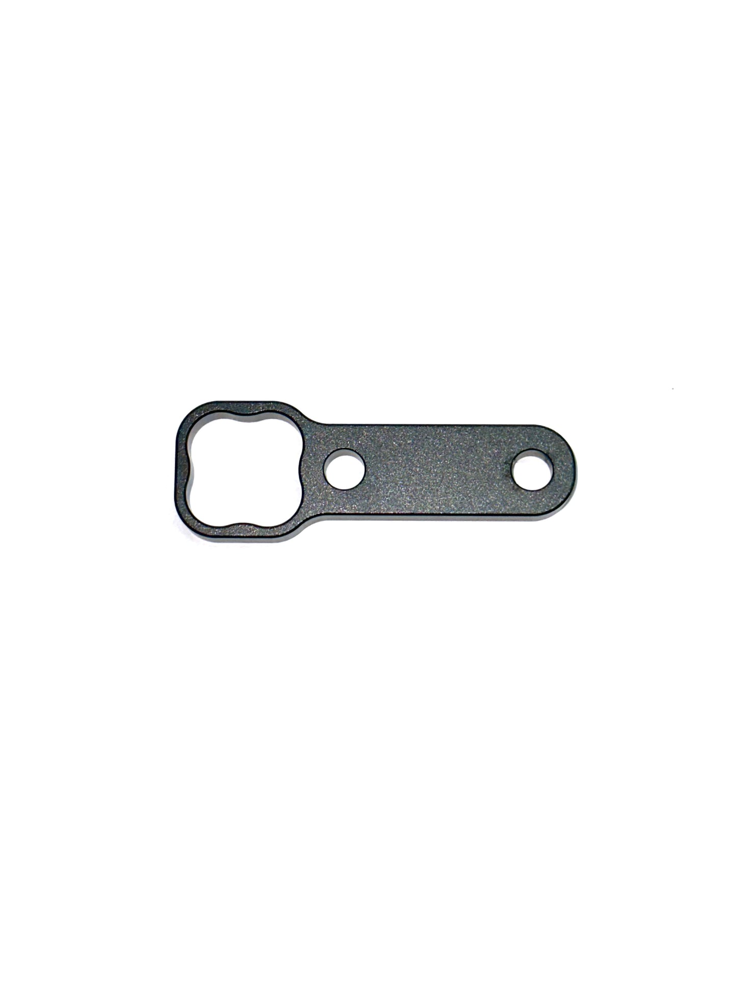 Black billet aluminum EZGP wrench for billet screws showing custom clover shaped drive and two handle holes on a white background