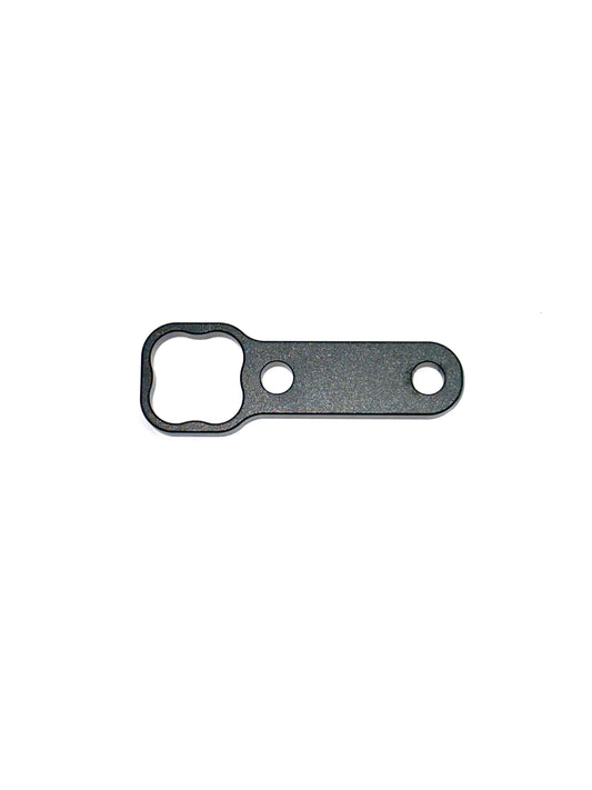 Black billet aluminum EZGP wrench for billet screws showing custom clover shaped drive and two handle holes on a white background