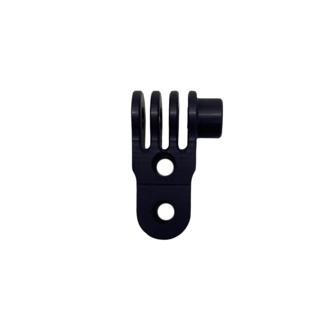 Black anodized 90-degree pivot joint shown from the front, displaying the clevis fork with three slots, central mounting hole, and lower base with two bolt holes on a white background