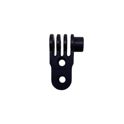 Black anodized 90-degree pivot joint shown from the front, displaying the clevis fork with three slots, central mounting hole, and lower base with two bolt holes on a white background