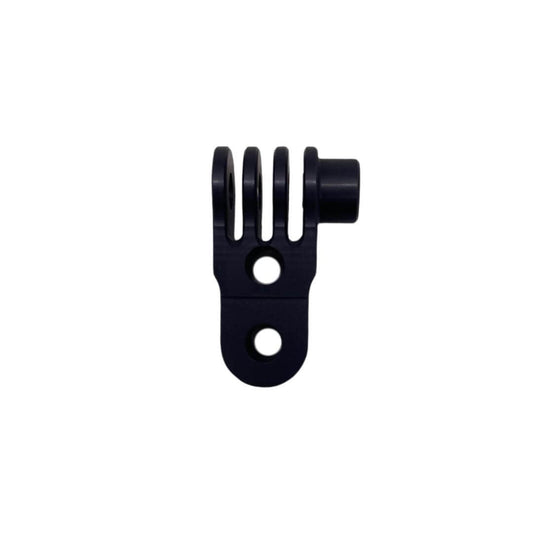 Black anodized 90-degree pivot joint shown from the front, displaying the clevis fork with three slots, central mounting hole, and lower base with two bolt holes on a white background