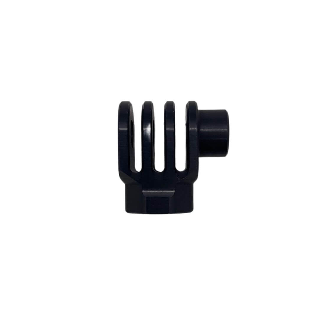 Reverse angle of the same black aluminum pivot showing the machined clevis fork, cylindrical pivot boss, and square base detail on a white background