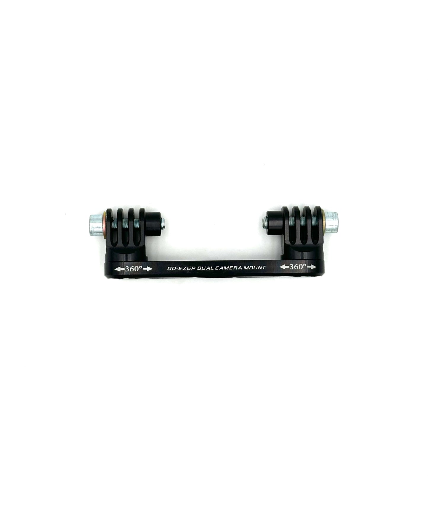 Flat view of black dual EZGP camera mount with full bar engraving and symmetric 360 heads on a white background