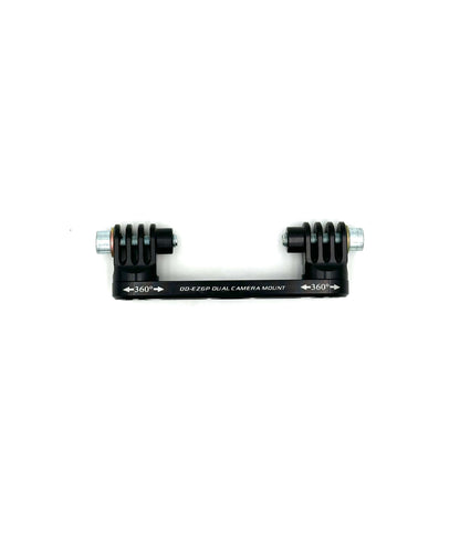 Flat view of black dual EZGP camera mount with full bar engraving and symmetric 360 heads on a white background