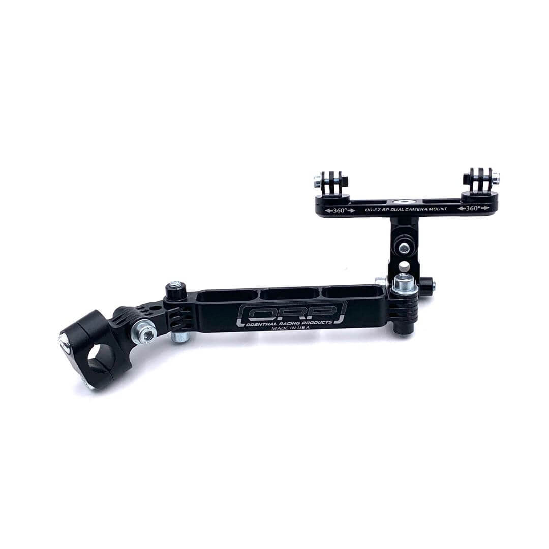 Dual-camera short arm black EZGP GoPro mount with wide top plate and two independent 360-degree swivels on a white background
