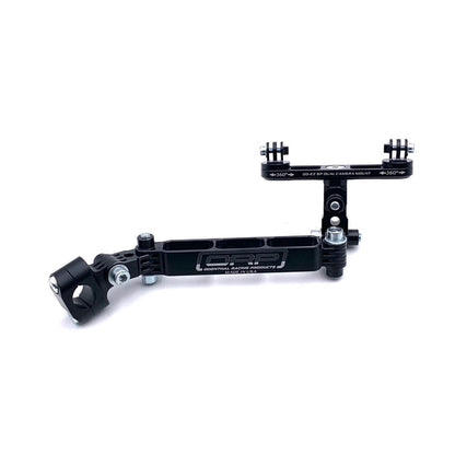 Dual-camera short arm black EZGP GoPro mount with wide top plate and two independent 360-degree swivels on a white background
