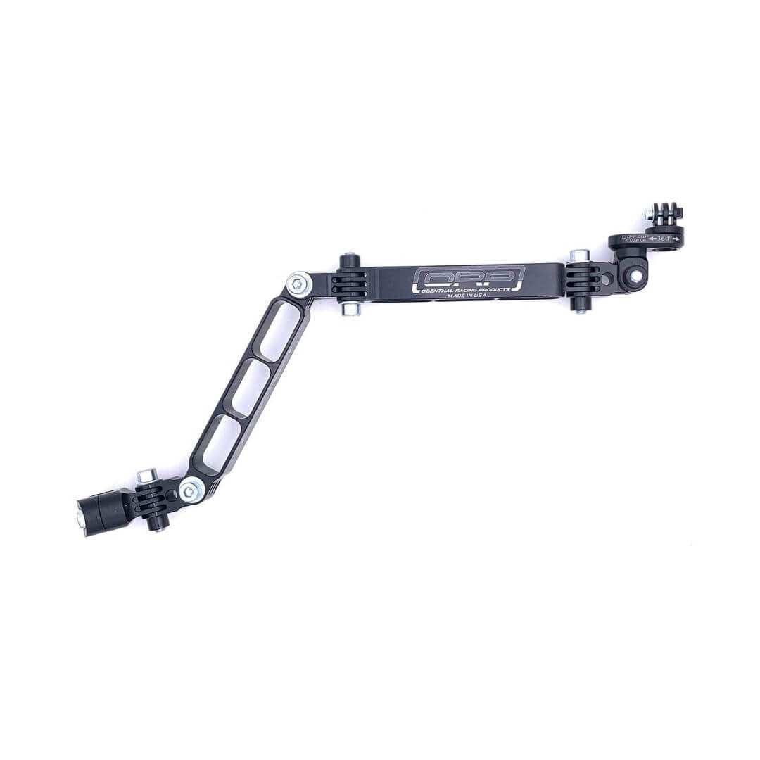 Long-arm single-camera black EZGP GoPro mount fully extended showing two linked 7-inch bars and adjustable head on a white background