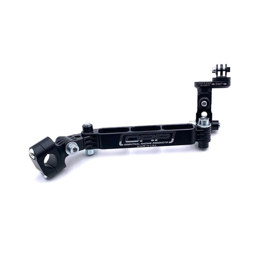 Single-camera short arm black EZGP GoPro mount in profile showing 7-inch bar, seat-strut clamp, and swivel head on a white background