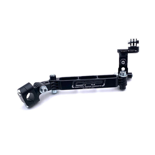 Single-camera short arm black EZGP GoPro mount in profile showing 7-inch bar, seat-strut clamp, and swivel head on a white background