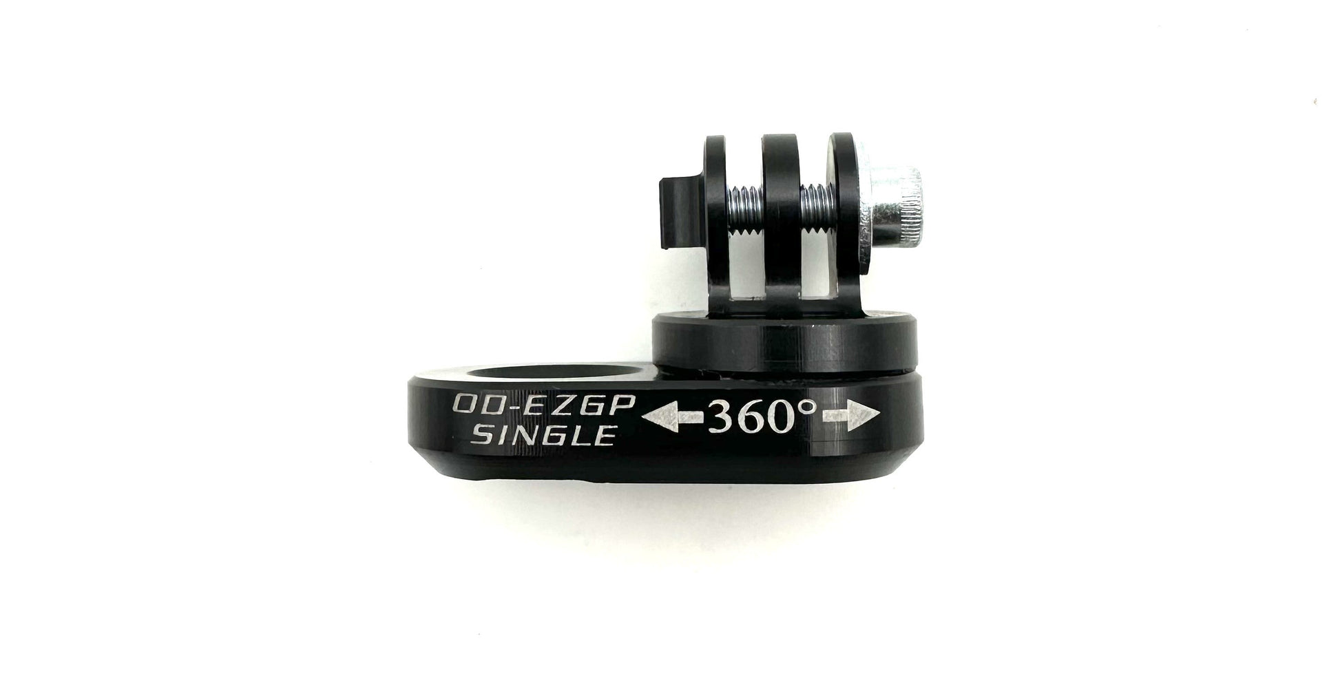 Black single EZGP camera mount with 360 degree markings and GoPro style fingers on a white background