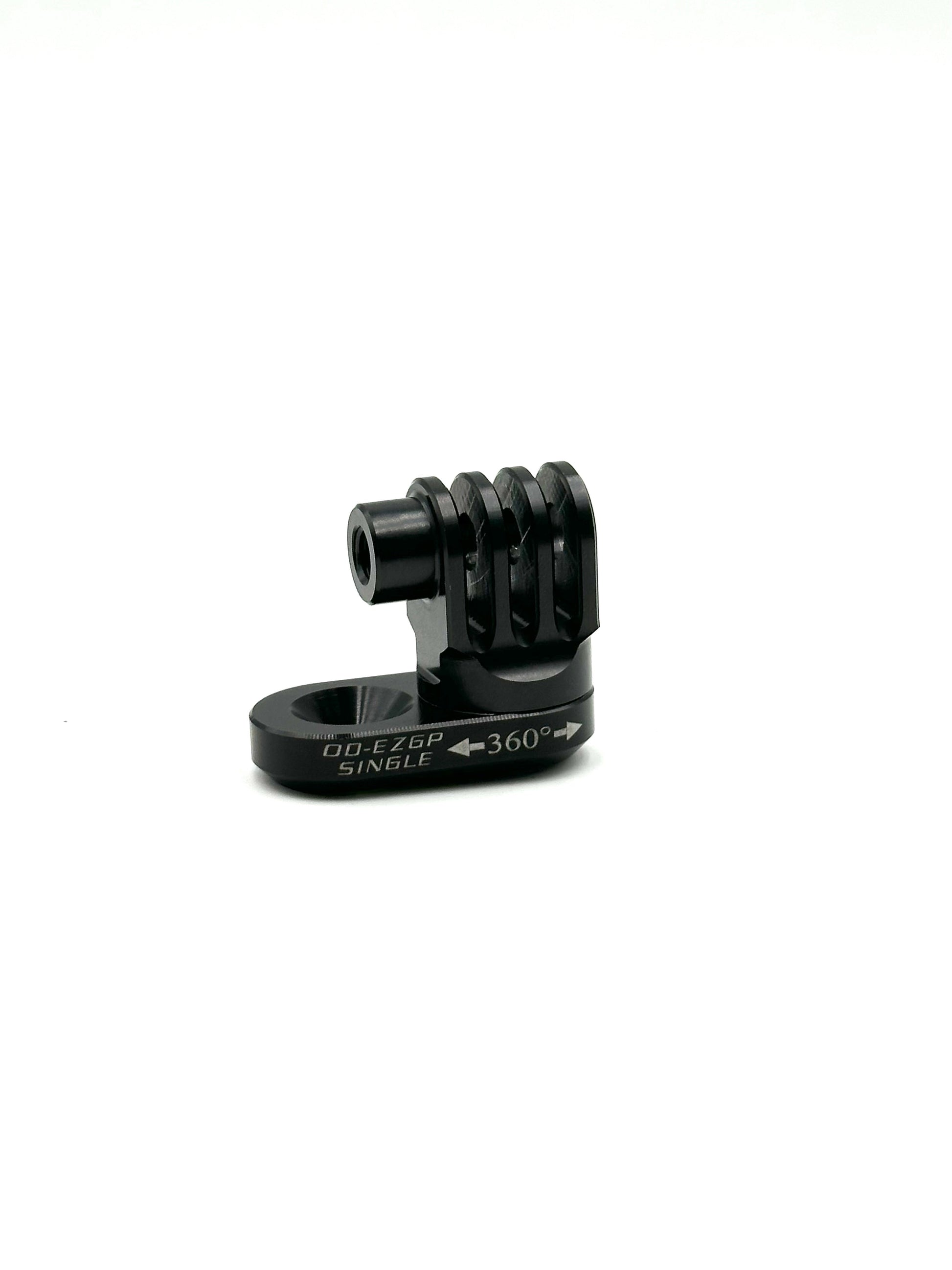 Angled black single EZGP camera mount displaying laser etched text and clamping ring on a white background