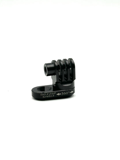 Angled black single EZGP camera mount displaying laser etched text and clamping ring on a white background
