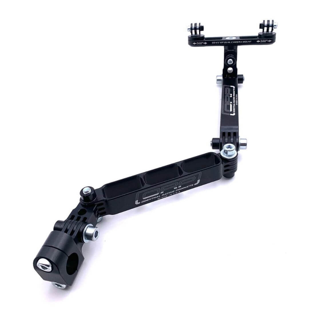 Black anodized EZGP SmartyCam dual camera long arm mount with extended reach and dual top plates showing full articulation on a white background