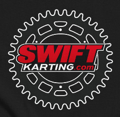 Close-up of SwiftKarting gear logo printed on karting apparel t-shirt
