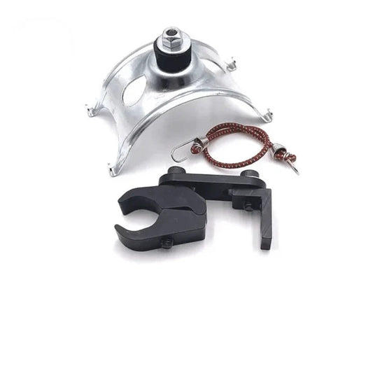 Universal airbox mounting kit showing silver aluminum plate with rubber bushing, black clamp, and red braided tether with metal clips on a white background