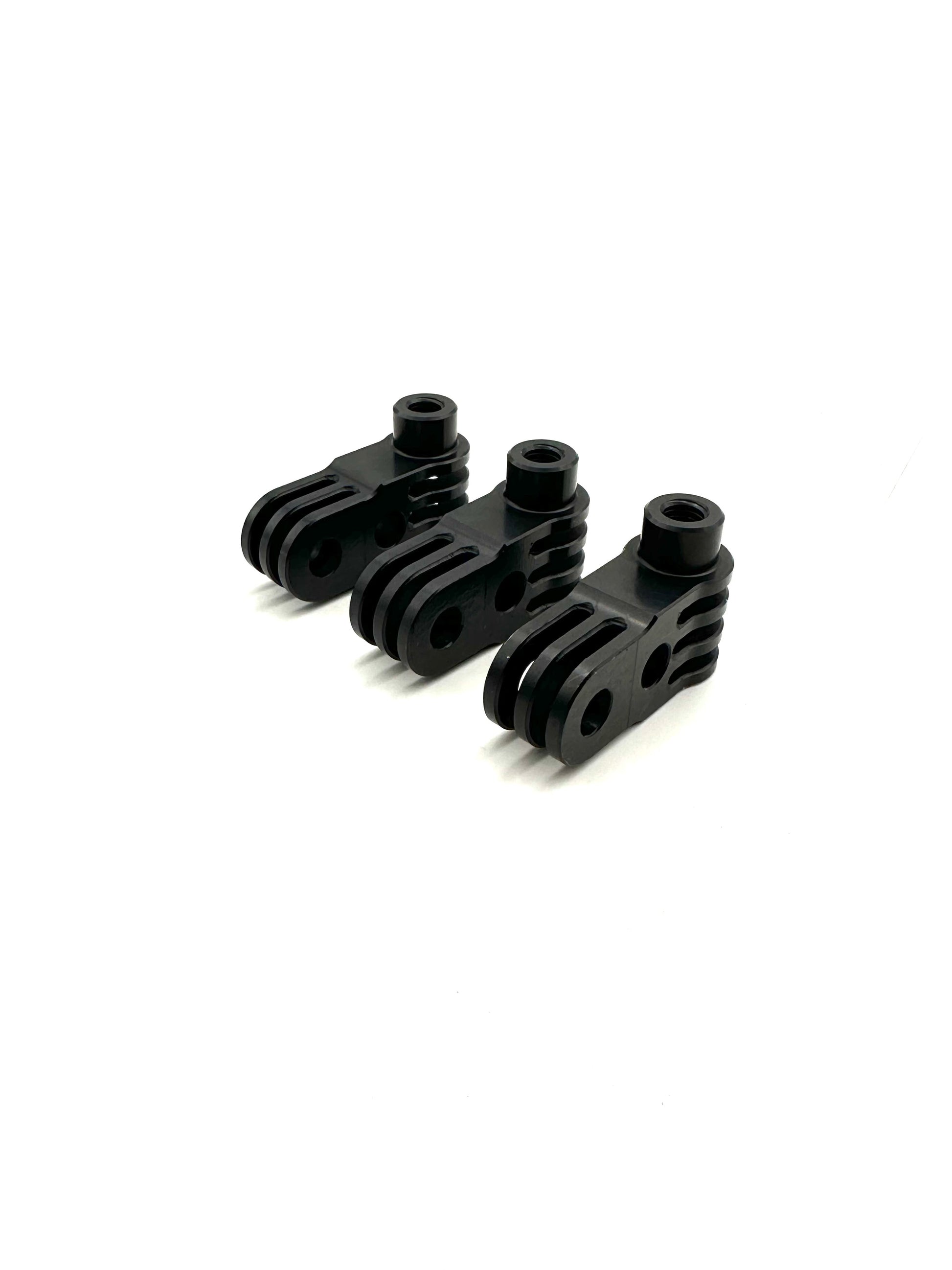 Three black EZGP 90 degree pivots showing slotted clevis ends drilled holes and threaded bosses on a white background