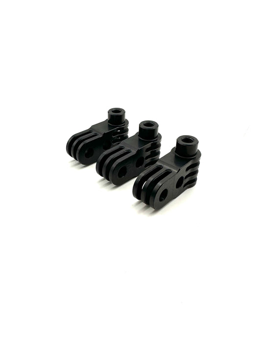 Three black EZGP 90 degree pivots showing slotted clevis ends drilled holes and threaded bosses on a white background