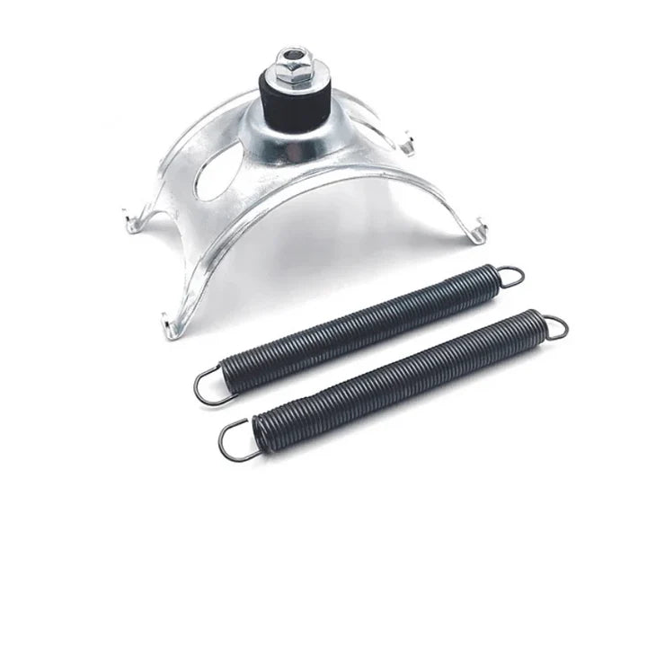 Silver universal pipe mount cradle assembly with black rubber bushing and two hook-end coil springs on a white background