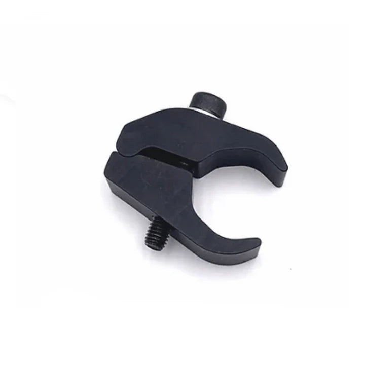 Black aluminum universal frame clamp 28-32mm showing C-shaped jaw lower clamping bolt and upper mounting stud on a white background