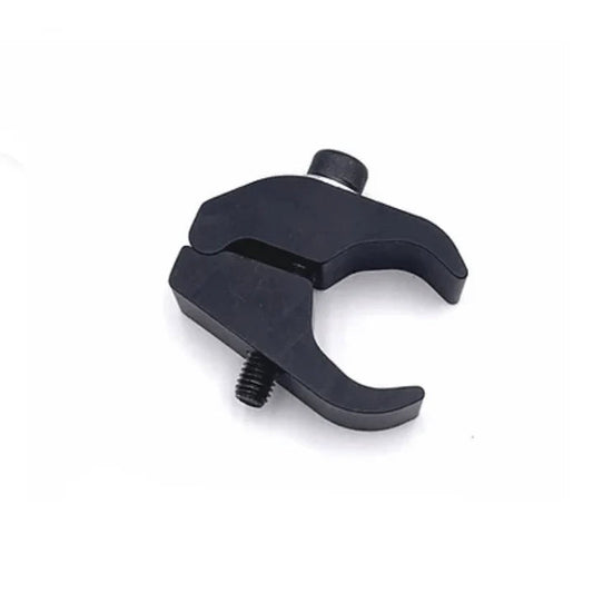 Black aluminum universal frame clamp 28-32mm showing C-shaped jaw lower clamping bolt and upper mounting stud on a white background