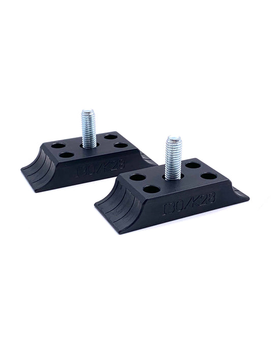 Two black wedge style motor mount clamps with center bolts installed matte polymer finish curved grip edges and I30/K28 size markings stamped on side on a white background