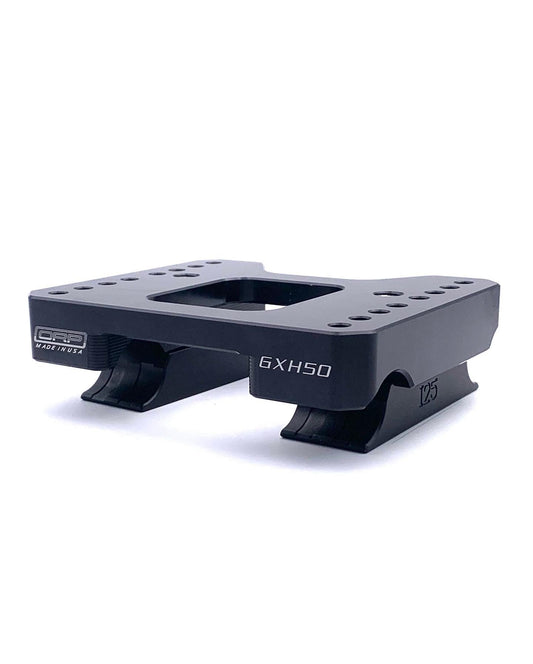 Black billet aluminum Honda GXH50 motor mount with ORP Made in USA logo, GXH50 engraving, central rectangular cutout and 125 marking on a white background