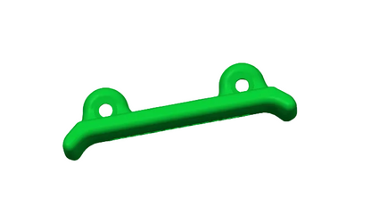 Overhead view of neon green 3D printed heel rest support showing full 100mm width, rounded ends and bolt hole positions on a gray grid background