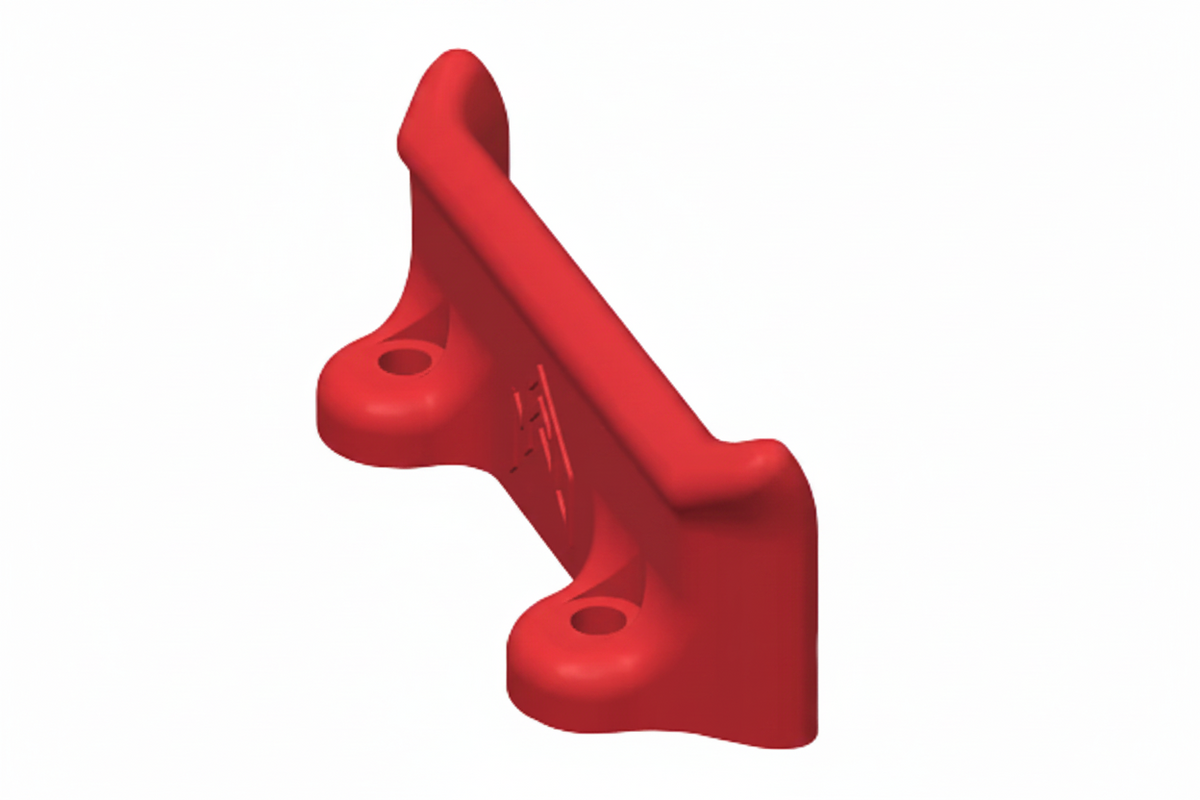 Neon green 3D printed heel rest support showing two mounting tabs with bolt holes and embossed logo on a gray grid background